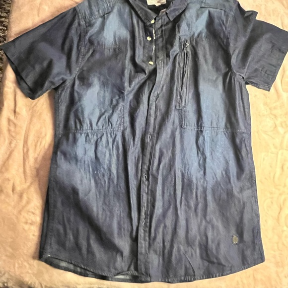Triple Five Soul New Denim Shirt Short Sleeve Button Band Collar Blue NWT - Picture 1 of 3